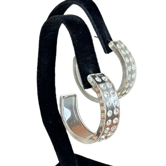 Vintage 90s Y2K Clear Acrylic Rhinestone Pierced Hoop Earrings - Picture 1 of 5